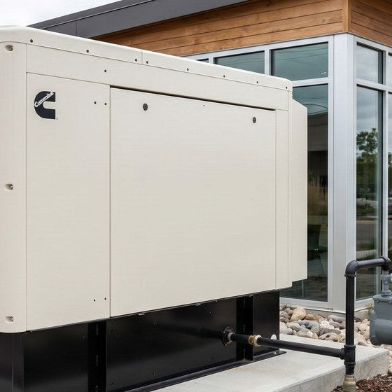 Cummins commercial natural gas standby generator on a concrete pad beside a small business with a natural gas line