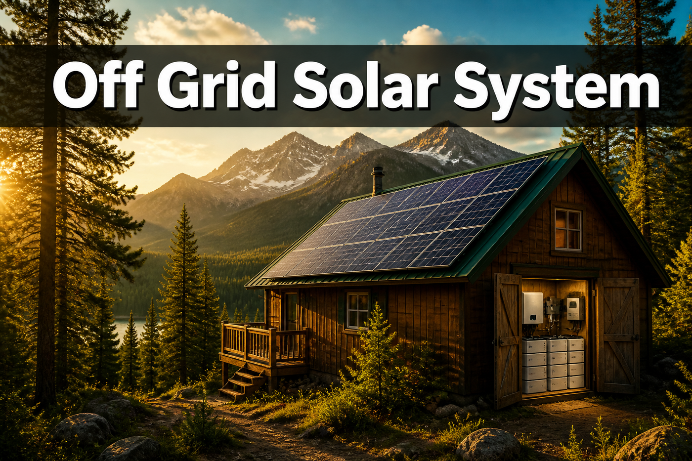 Off-grid cabin with solar panels on roof and AIMS power system components visible in utility room with mountain backdrop