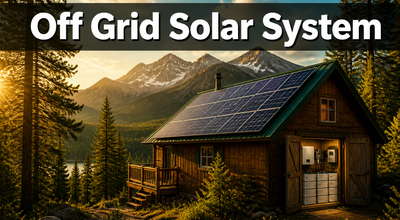 Off-grid cabin with solar panels on roof and AIMS power system components visible in utility room with mountain backdrop