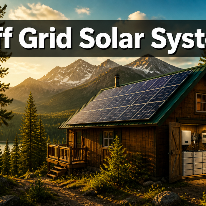 Off-grid cabin with solar panels on roof and AIMS power system components visible in utility room with mountain backdrop