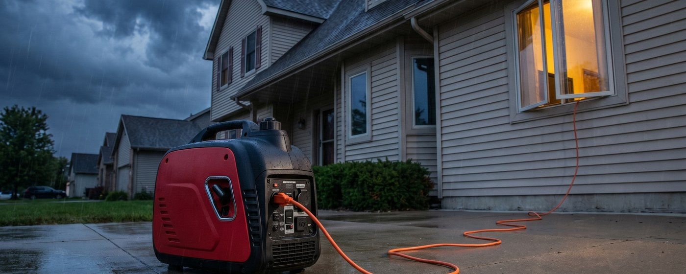 Red portable inverter generator running at dusk on a suburban driveway with an orange extension cord running into the house during a storm