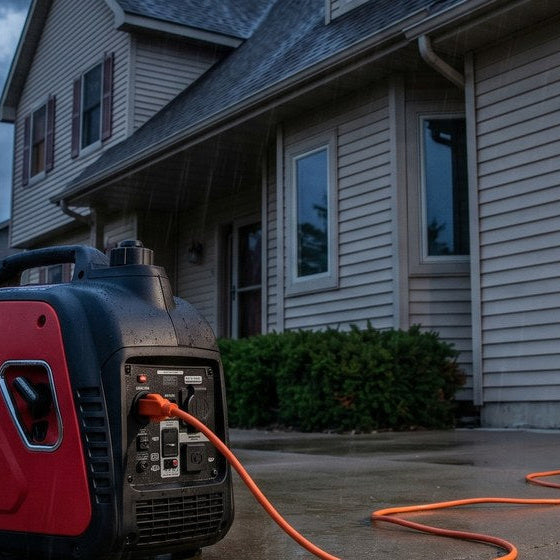 Red portable inverter generator running at dusk on a suburban driveway with an orange extension cord running into the house during a storm