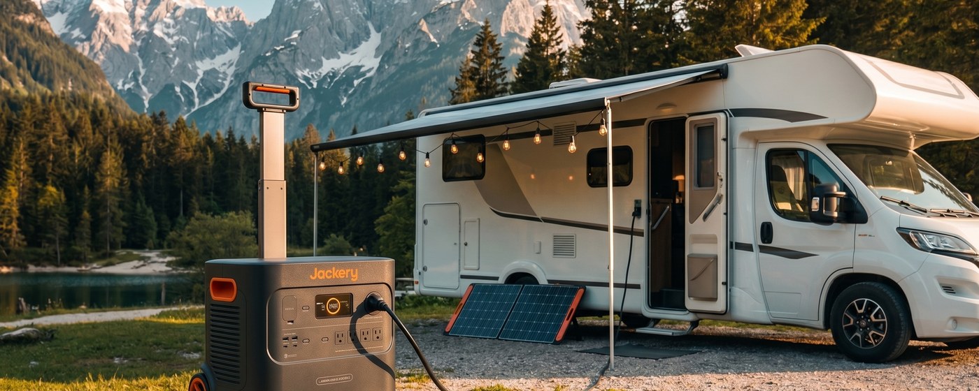 Wheeled upright graphite portable power station with orange corner accents on a folding table at a mountain RV campsite, powering the RV awning lights at golden hour with snow-capped peaks in the background