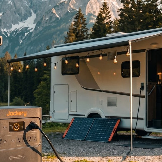 Wheeled upright graphite portable power station with orange corner accents on a folding table at a mountain RV campsite, powering the RV awning lights at golden hour with snow-capped peaks in the background