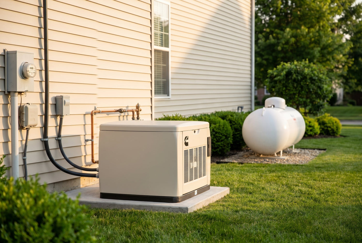 Home standby propane generator with 500-gallon propane tank installed next to a suburban house