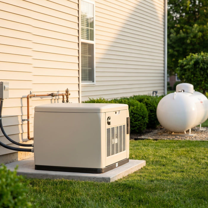 Home standby propane generator with 500-gallon propane tank installed next to a suburban house