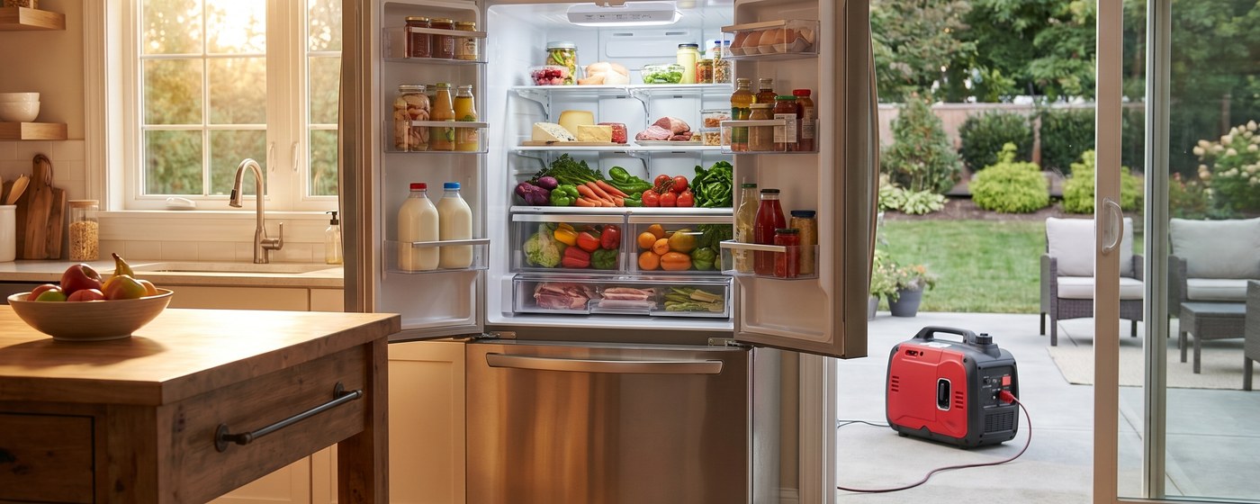 Professional wide photograph of a stocked refrigerator in a suburban kitchen during a power outage with a quiet portable inverter generator providing power through the exterior wall
