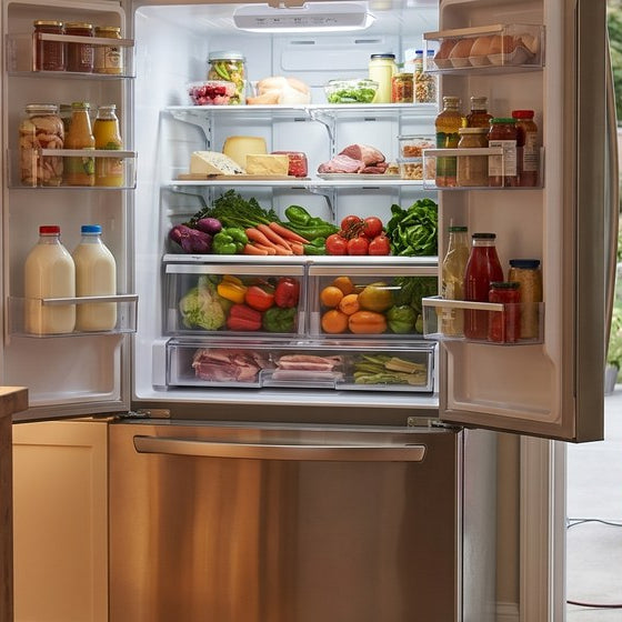 Professional wide photograph of a stocked refrigerator in a suburban kitchen during a power outage with a quiet portable inverter generator providing power through the exterior wall