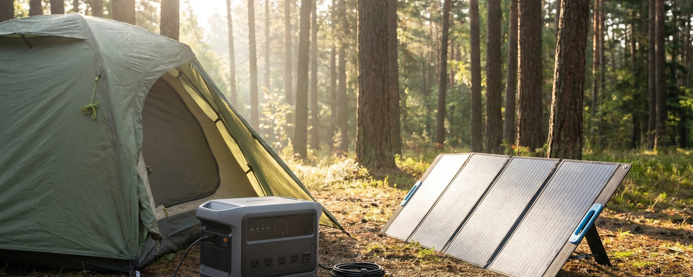 A portable power station and foldable solar panel set up beside a tent at a forest campsite