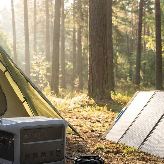 A portable power station and foldable solar panel set up beside a tent at a forest campsite