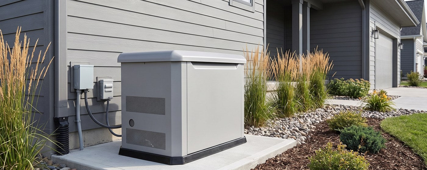 Whole-home standby generator installed on a concrete pad beside a suburban house