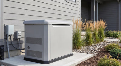 Whole-home standby generator installed on a concrete pad beside a suburban house