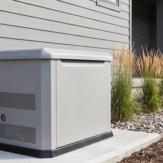 Whole-home standby generator installed on a concrete pad beside a suburban house