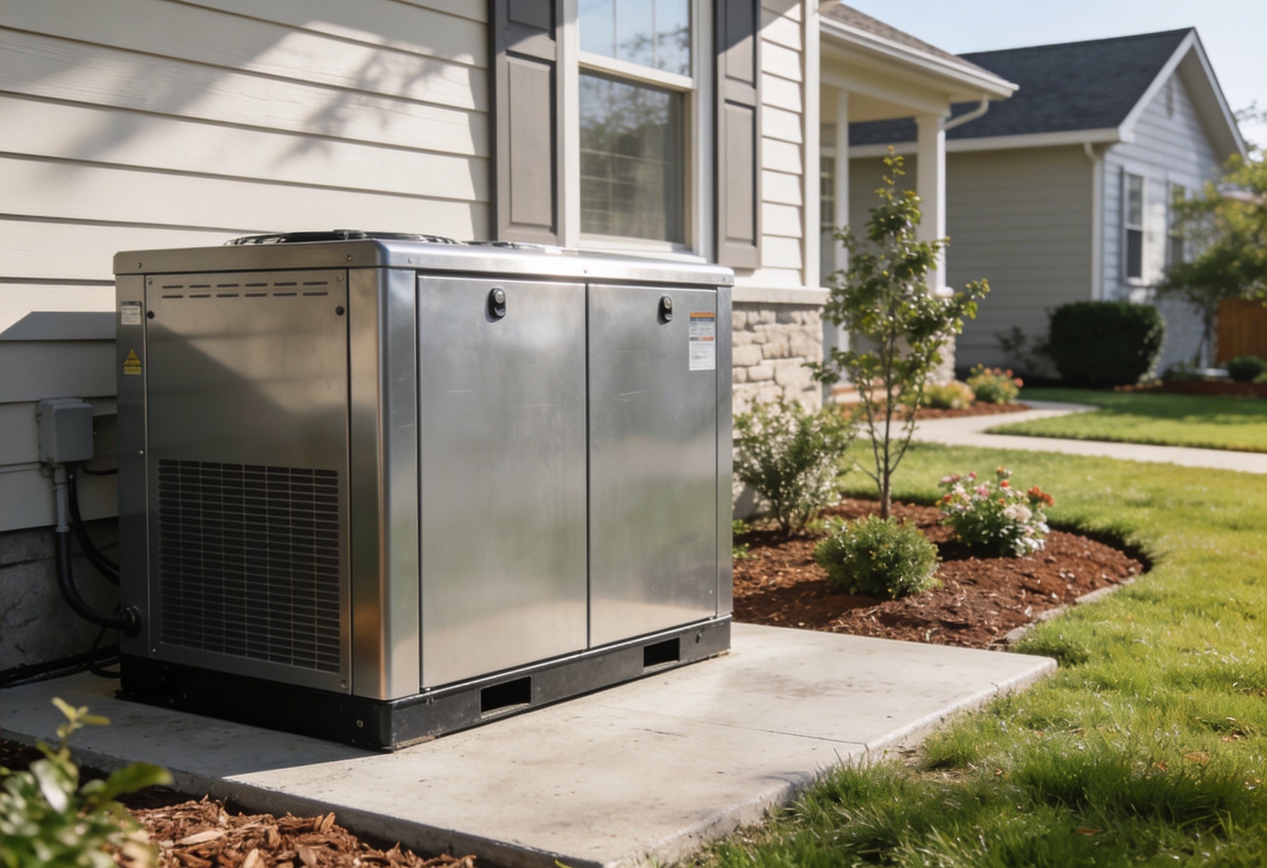Home standby generator installed beside a suburban home