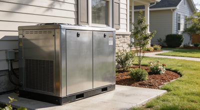 Home standby generator installed beside a suburban home