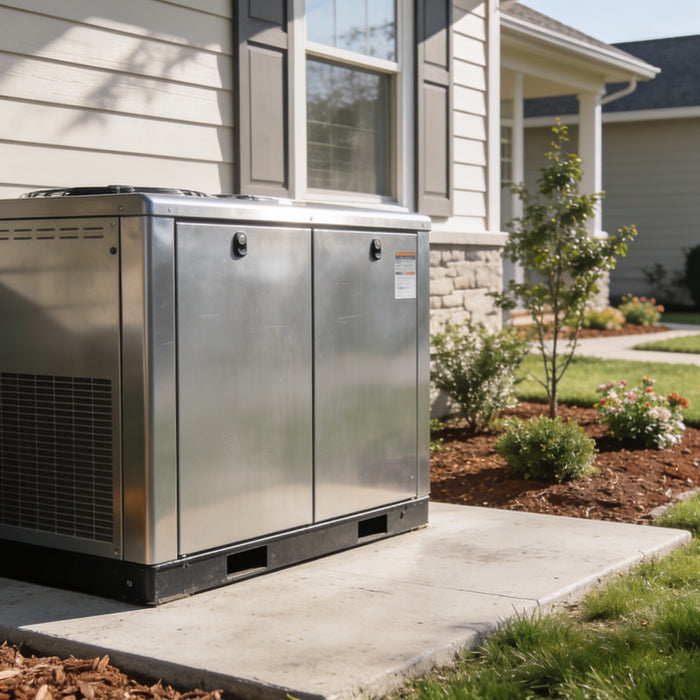 Home standby generator installed beside a suburban home