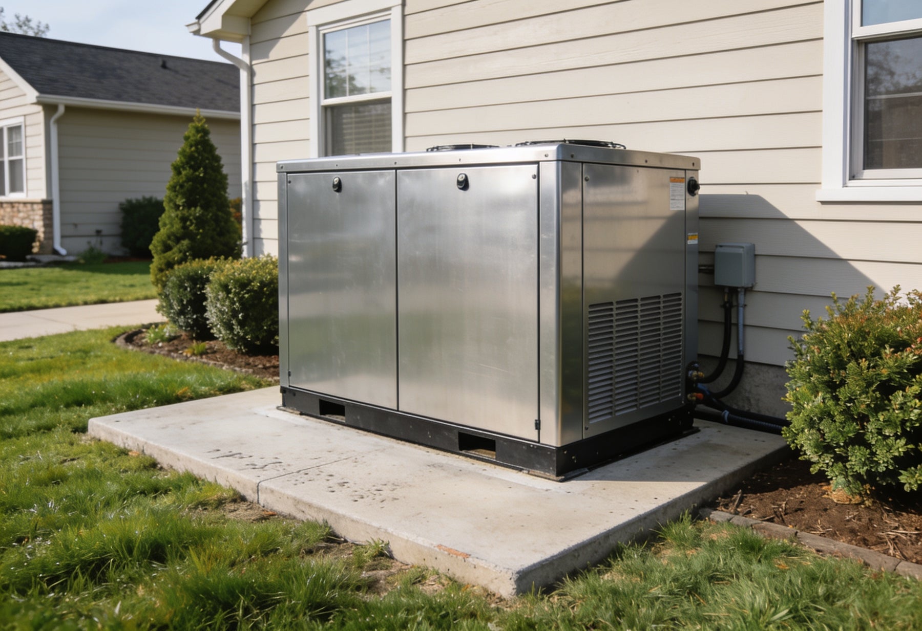 Whole house standby generator installed beside a suburban home