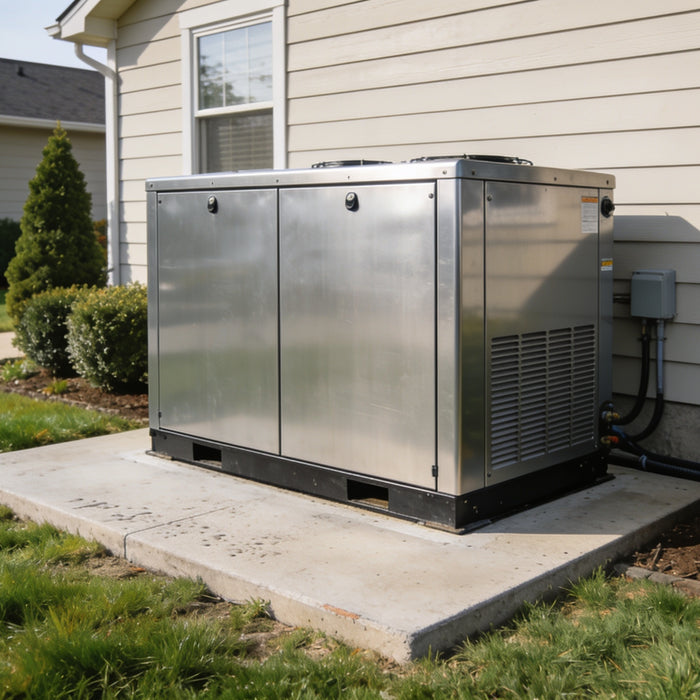 Whole house standby generator installed beside a suburban home