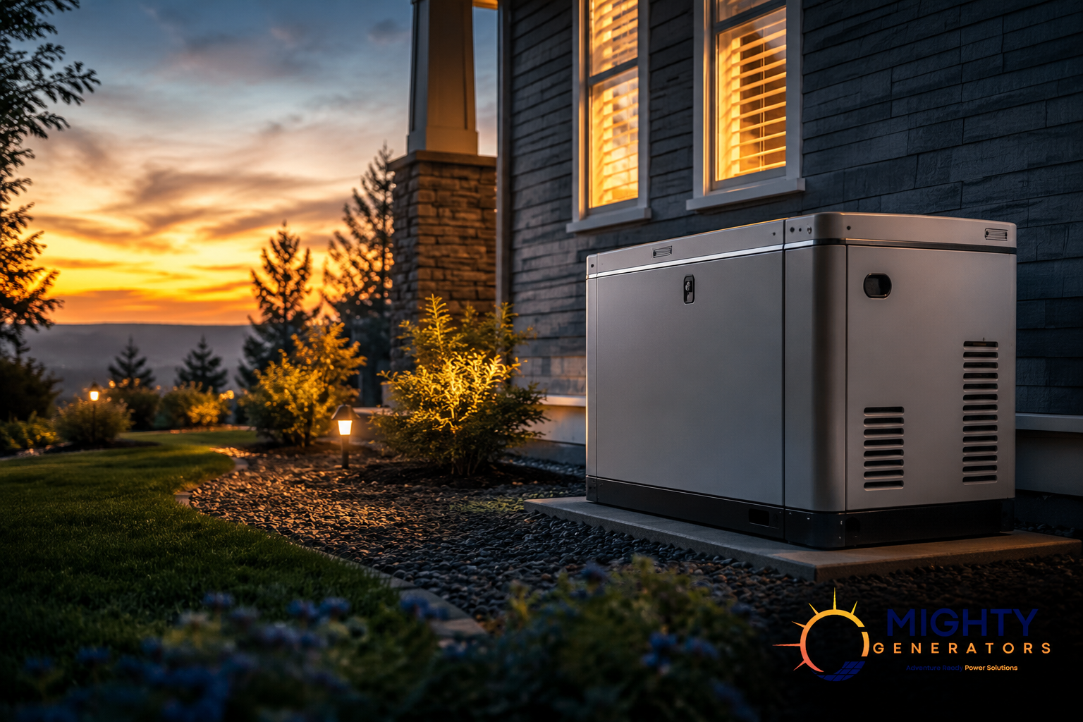 Home standby generator installed beside a suburban house at dusk during a storm