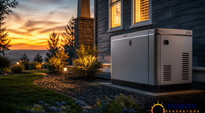 Home standby generator installed beside a suburban house at dusk during a storm