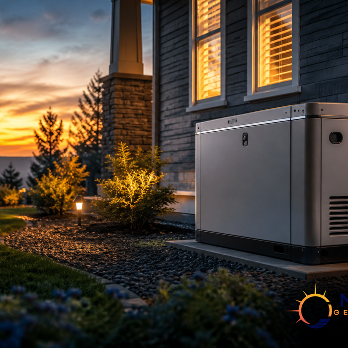 Home standby generator installed beside a suburban house at dusk during a storm