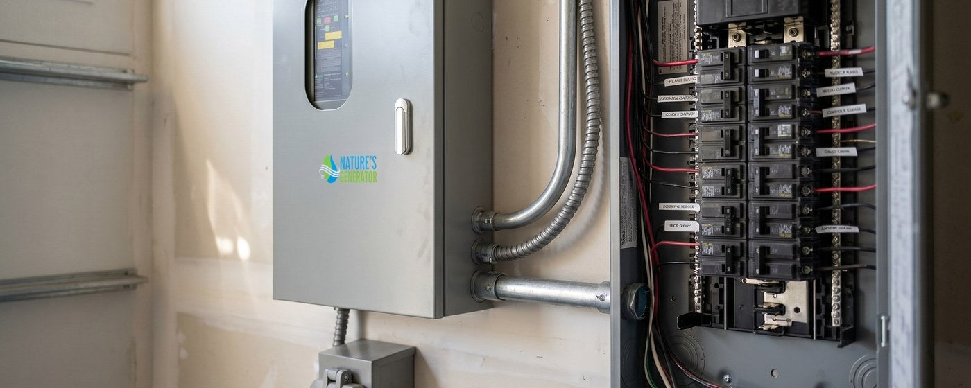 Automatic generator transfer switch panel mounted next to home electrical panel