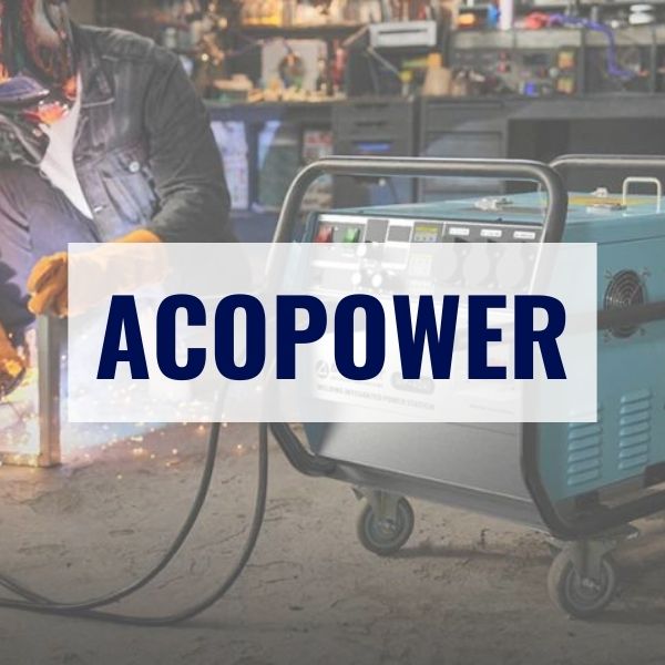 A person is welding metal in a workshop. Next to them is a piece of equipment on wheels with various controls and gauges. The word "ACOPOWER" is prominently displayed over the image.