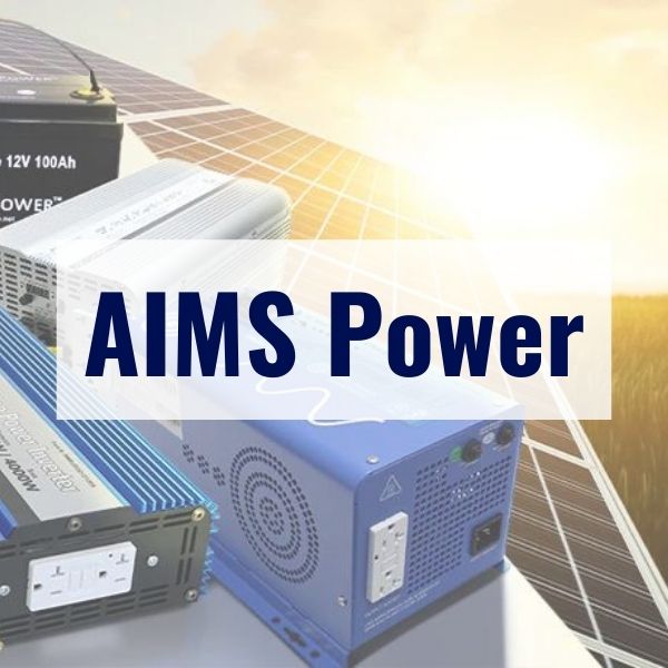 A group of electronic devices, including inverters and power modules, are placed on a solar panel surface with the sun shining in the background. The text "AIMS Power" is prominently displayed in bold letters over a translucent white rectangle.