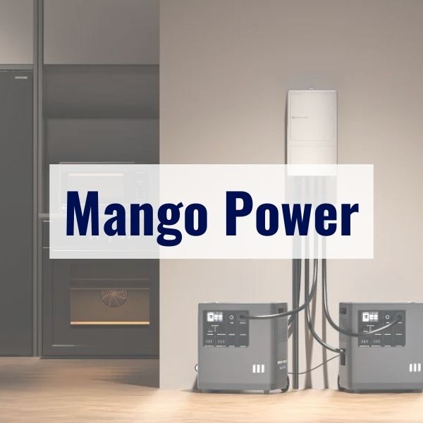 A clean, modern kitchen setup with two compact rectangular appliances on the floor connected to a wall-mounted device. The text "Mango Power" is prominently displayed over the image.