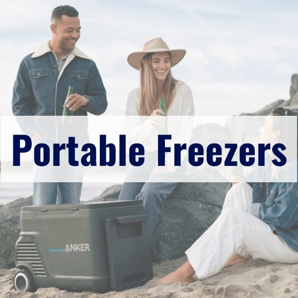 Three people are outdoors by a rocky area, with two of them standing and one sitting on the ground. In front, there is a portable freezer with visible branding. The text "Portable Freezers" is prominently displayed over the image.