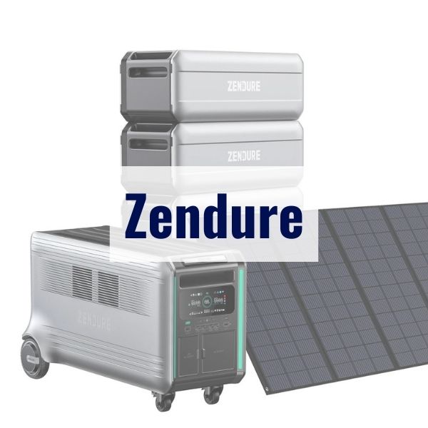 Image displaying Zendure branded products, including two rectangular power banks, a portable power station with wheels and a control panel, and a solar panel. The word "Zendure" is prominently featured in the center.