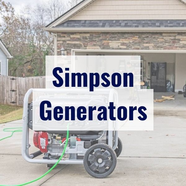 A generator on a driveway outside a garage. The text "Simpson Generators" is overlaid in the center of the image. The background includes part of a house, garage, and some greenery.