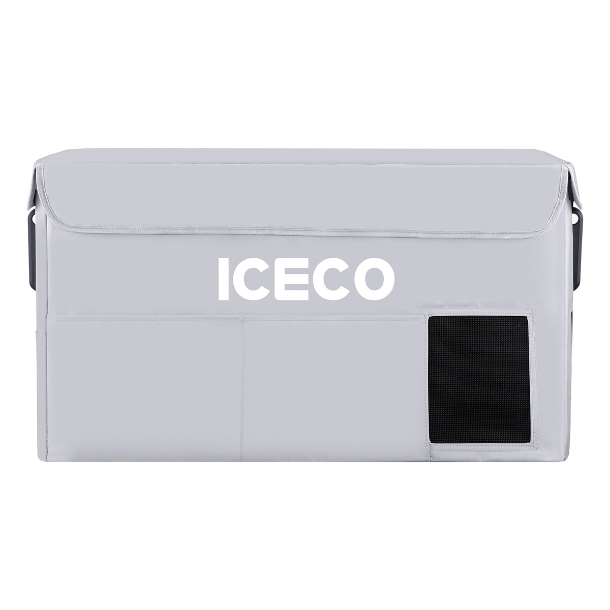 The gray ICECO Wholesale VL35ProS portable cooler, featuring outstanding thermal insulation, comes with a protective cover. It includes a vent on the lower right and handles on both sides for improved usability. The brand name "ICECO Wholesale" is prominently displayed in white on the front.