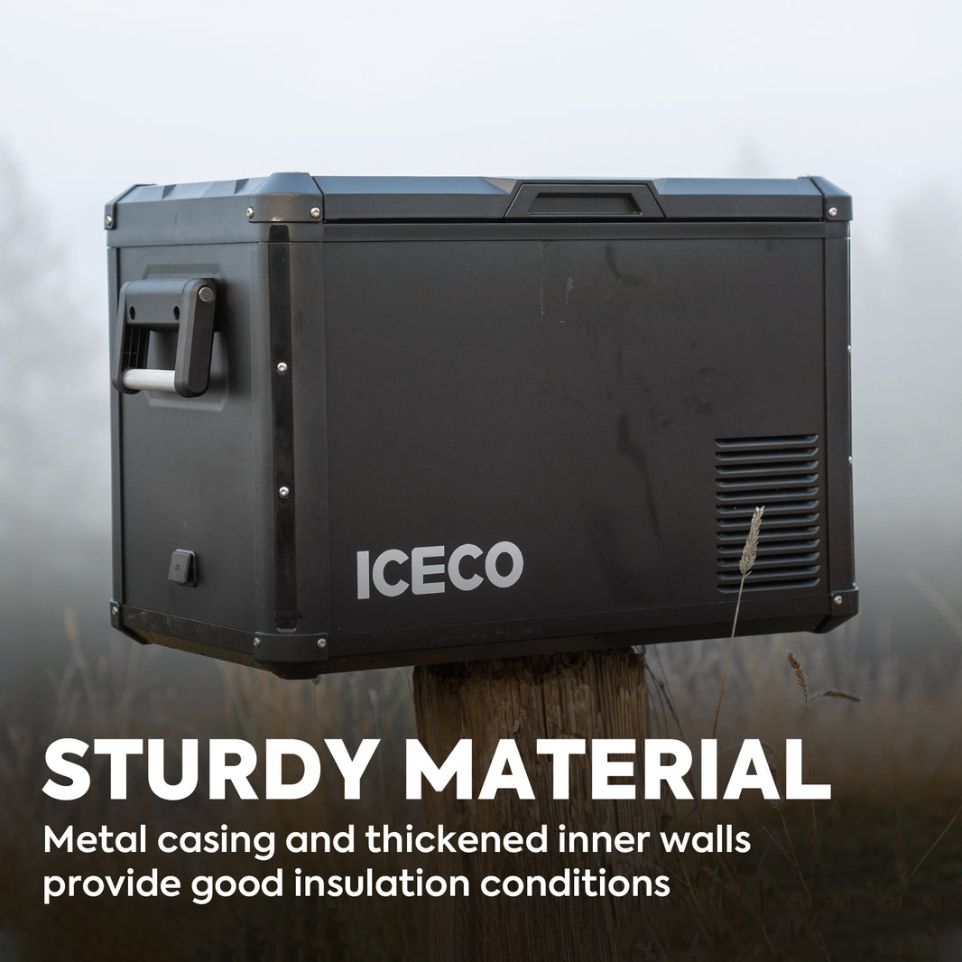 An ICECO Wholesale portable cooler in black features a metal casing with a flexible side-opening lid and is mounted on a wooden post outdoors. The image text states, "STURDY MATERIAL: Metal casing and thickened inner walls provide excellent insulation conditions.