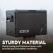 An ICECO Wholesale portable cooler in black features a metal casing with a flexible side-opening lid and is mounted on a wooden post outdoors. The image text states, "STURDY MATERIAL: Metal casing and thickened inner walls provide excellent insulation conditions.