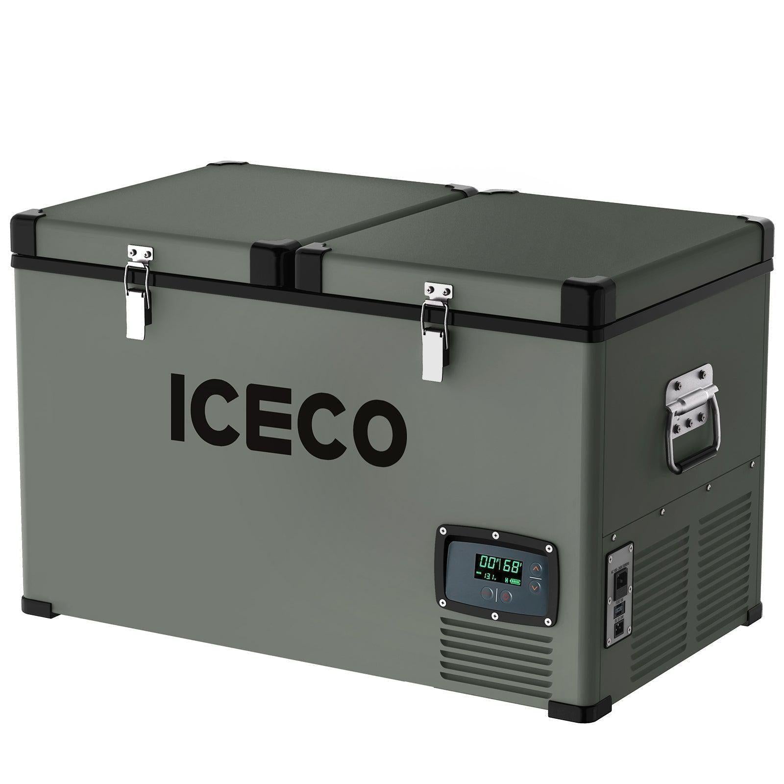 A spacious, green portable fridge freezer under the brand name "ICECO Wholesale" offers dual zone capabilities and comes with two hinged lids. It features side handles, metal latches for securing the top, and a digital display equipped with control buttons on the front for easy operation.