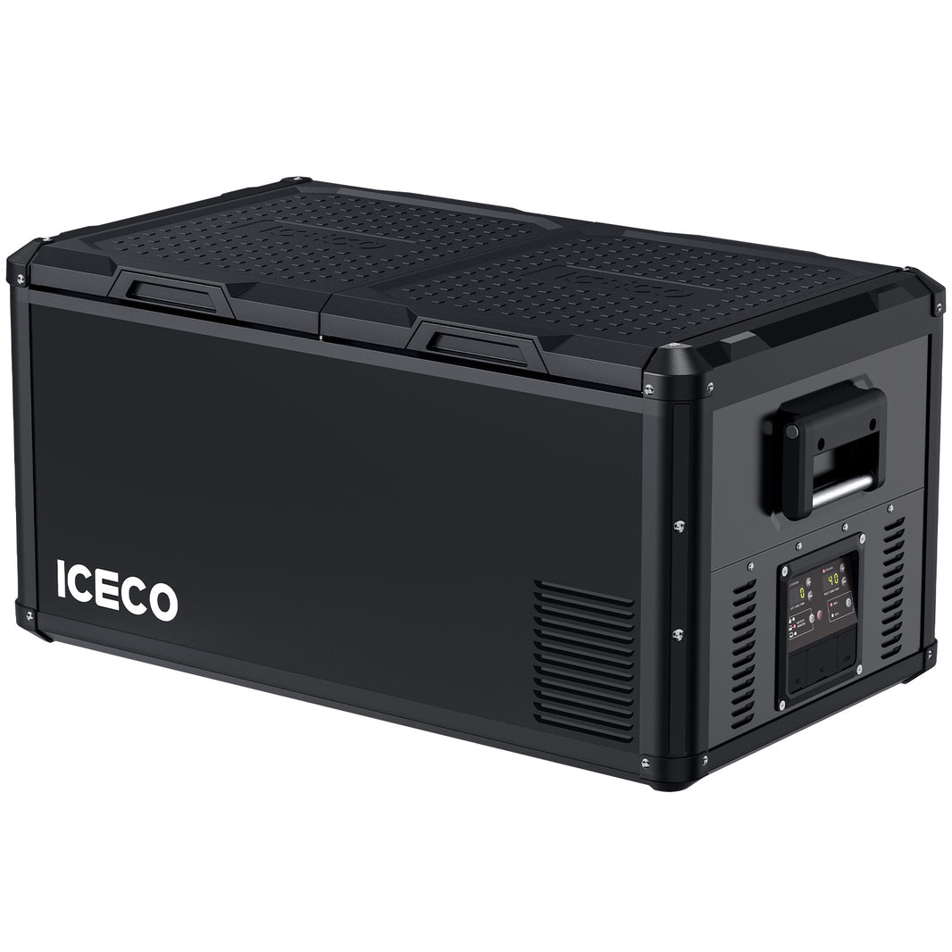 An ICECO Wholesale portable refrigerator in black, equipped with a dual lid design and a dependable Secop compressor. The front features a digital control panel and vent, alongside a side handle for easy portability. Its sleek and robust exterior also incorporates a USB charge port for enhanced convenience.