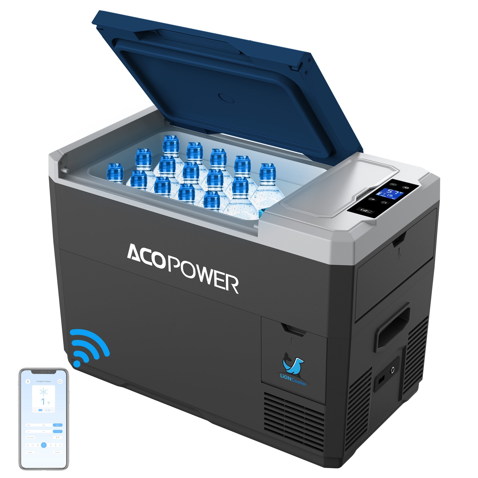 An ACOPOWER portable freezer is open, displaying multiple water bottles inside. It features a digital display and temperature control on the right side. Nearby, an illustrated smartphone highlights its smart app control for remote operation, enhancing the convenience of this portable refrigerator with a rechargeable battery option.