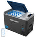 An ACOPOWER portable freezer is open, displaying multiple water bottles inside. It features a digital display and temperature control on the right side. Nearby, an illustrated smartphone highlights its smart app control for remote operation, enhancing the convenience of this portable refrigerator with a rechargeable battery option.