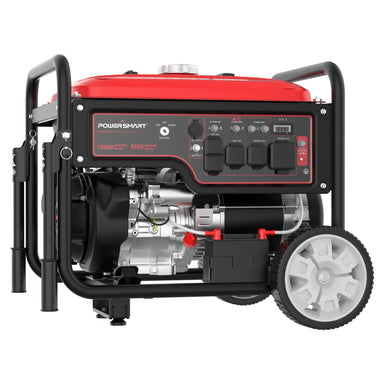 The PowerSmart portable 12000-watt generator features a red top, a control panel with multiple switches and outlets, a black frame, silver engine parts, and large gray wheels for easy mobility.