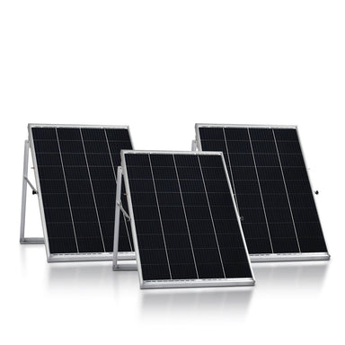 Three black 100 Watt monocrystalline solar panels by Nature's Generator, each with a metal frame, are arranged upright in a row on angled support stands against a plain white background.