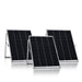 Three black 100 Watt monocrystalline solar panels by Nature's Generator, each with a metal frame, are arranged upright in a row on angled support stands against a plain white background.