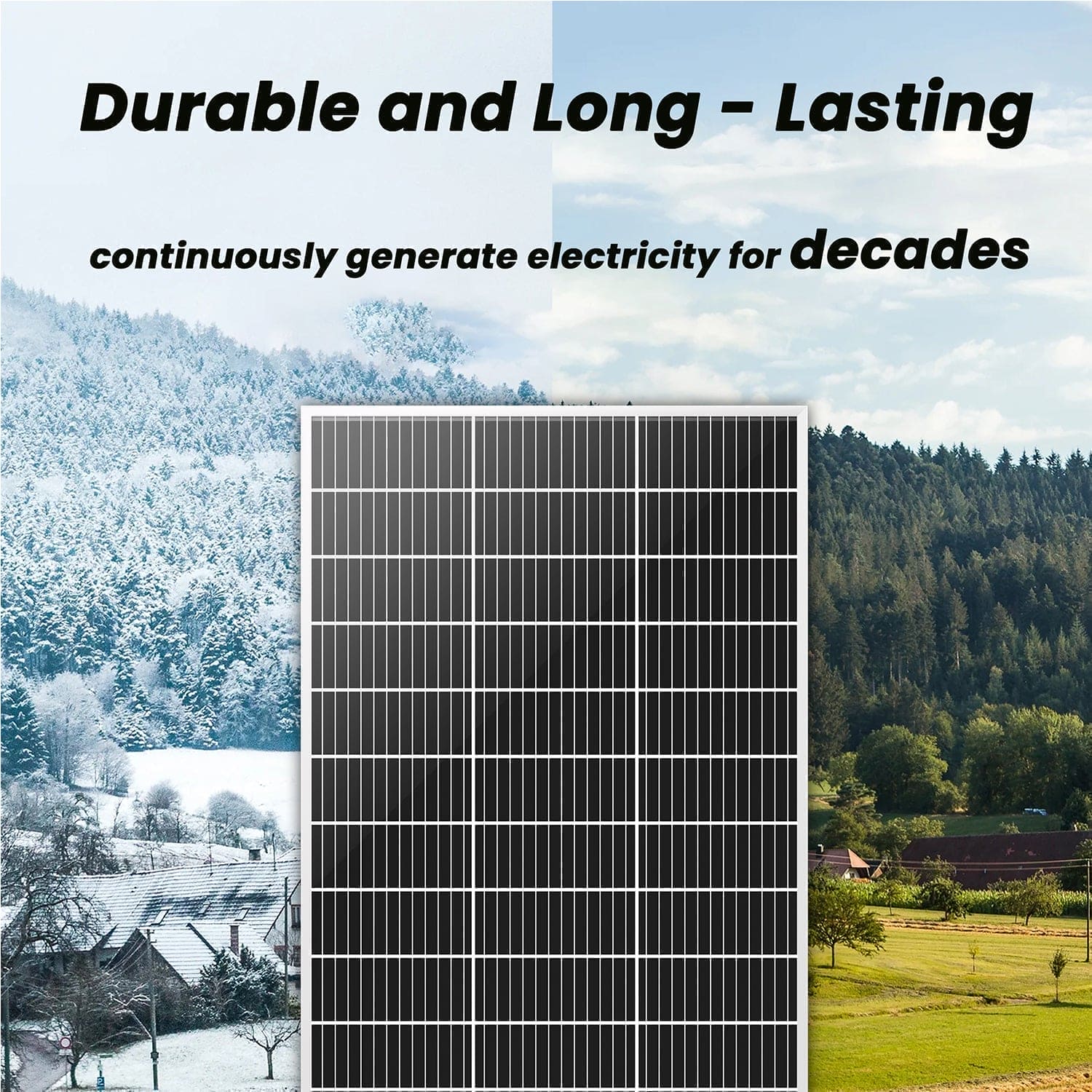 A Nature's Generator solar panel stands before a divided backdrop—winter on one side, green fields on the other. Above, "Durable and Long-Lasting" emphasizes decades of reliable power for your off-grid needs.