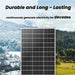A Nature's Generator solar panel stands in front of a snowy landscape on the left and a lush forest on the right. Above it, text reads: “Durable and Long-Lasting...an eco-friendly energy solution for decades.”.