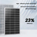Two upright Nature's Generator solar panels with black monocrystalline cells are shown, perfect for off-grid use. Text reads: "High-Efficiency Power Generation," "advanced monocrystalline silicon technology," and "23% efficiency.