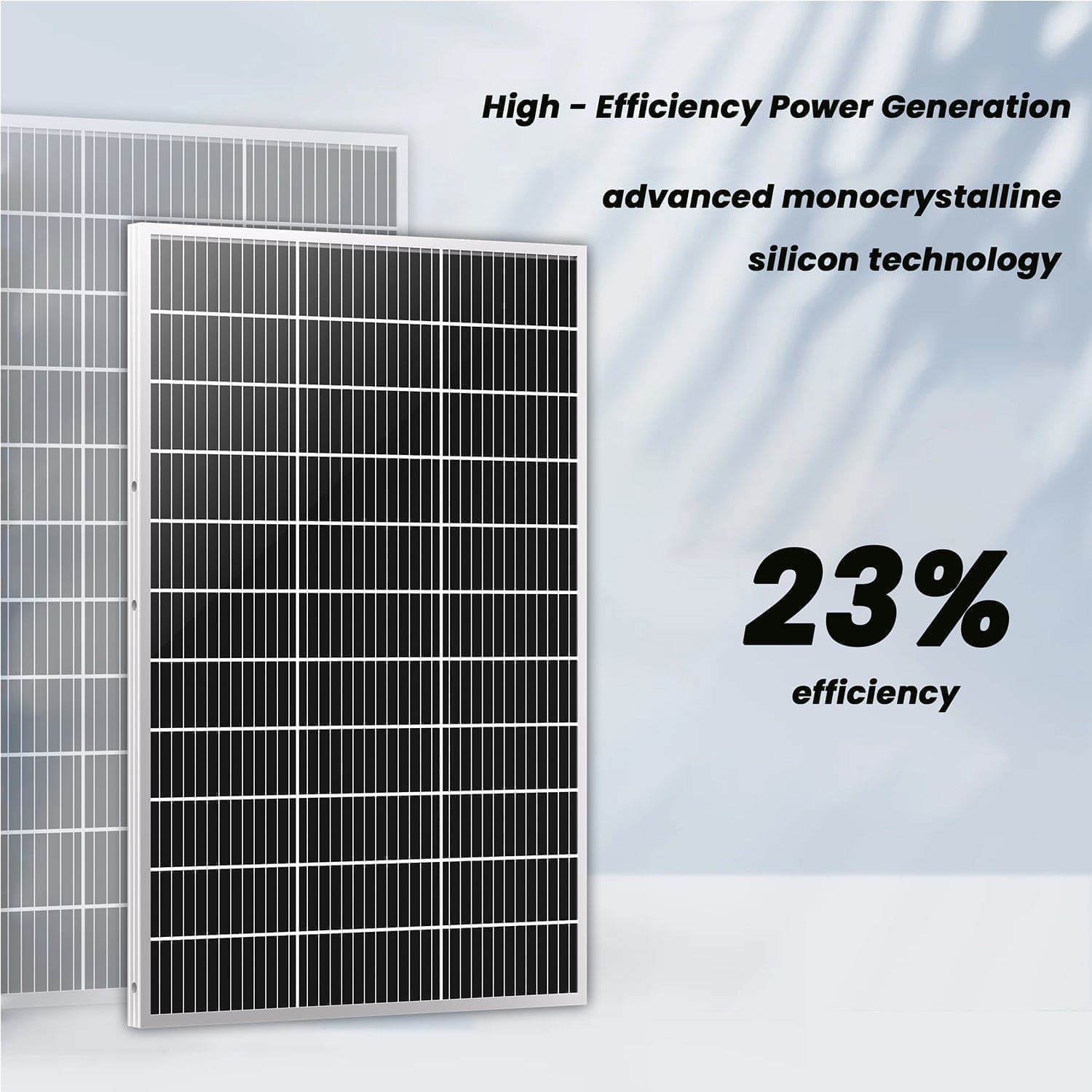 Two Nature's Generator solar panels with a grid design are shown on a light background. The image highlights "23% efficiency," "High-Efficiency Power Generation," and "advanced monocrystalline silicon technology" for eco-friendly energy.