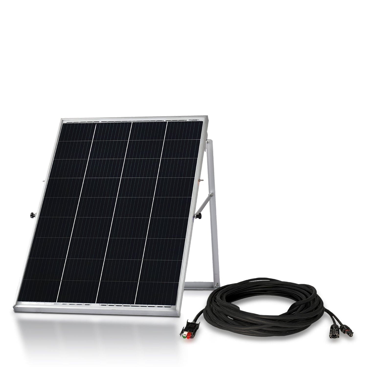 A Nature's Generator 100 Watt Monocrystalline solar panel, featuring an adjustable metal stand, is displayed alongside a coiled black cable with connectors on a plain white background.