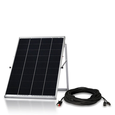 A Nature's Generator 100W Monocrystalline solar panel is displayed on a metal stand next to a coiled black cable with connectors, all set against a plain white background.