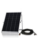 A Nature's Generator 100W Monocrystalline solar panel is displayed on a metal stand next to a coiled black cable with connectors, all set against a plain white background.