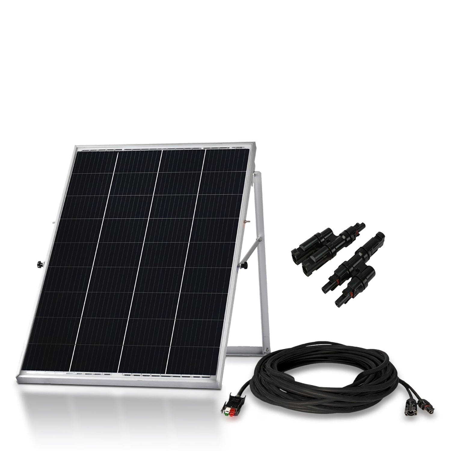 A 100W Nature's Generator monocrystalline solar panel on a metal stand is shown with a coiled black cable and two pairs of connectors on a white background—ideal as a portable solar panel for Nature's Generator Power Panel systems.